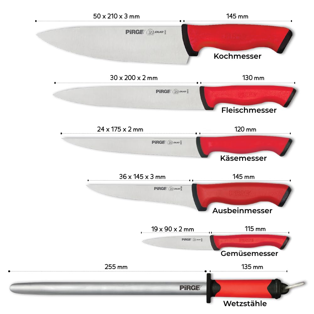 Pirge Duo Profi Messerset mit Tasche 7 Stück - Rutschfester Griff - Profi Kochmesser Set - Edelstahl Profi Küchenmesser Set - Messer Set Scharf für Köche