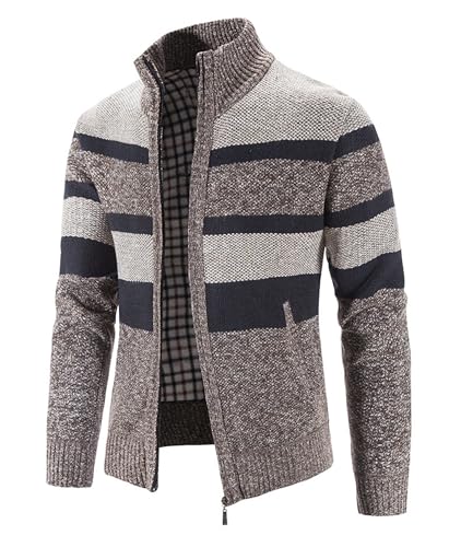 Men's Casual Knitted Stand Collar Sweater Full Zip Cardigan Knitted Sweater Relaxed Fit Stripe Print Sweaters3