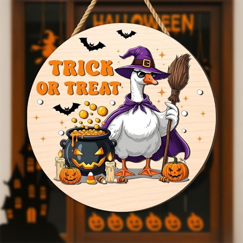 Whimsical Halloween Door Hanger – Charming Witch Goose with Broom Wooden Sign – Trick or Treat Decorative Plaque with Bat and Spider Web – Adorable Fall Front Door Charm - Image 7