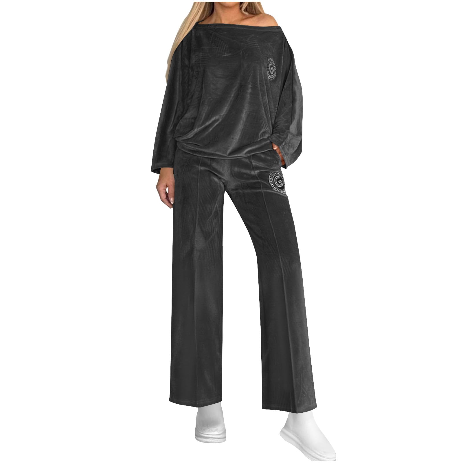 2 Piece Velvet Outfits for Women Off The Shoulder Oversized Sweatshirt and Wide Leg Pants Lounge Sweatsuit Sets
