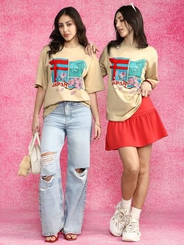 Image of JUNEBERRY 100% Pure Cotton Oversized Loose Fit Half Sleeve Cool Front Chest Graphic Printed Round Neck Drop Shoulder T-Shirt for Women S to 2XL