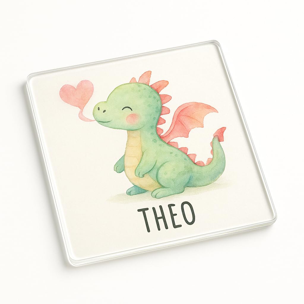 The Plum Penguin Heartblow Dragon Personalised Name Acrylic Coaster Gift With Whimsical Dragon Design - Heartblow Draco Kids Party Favour For Delightful Place Setting