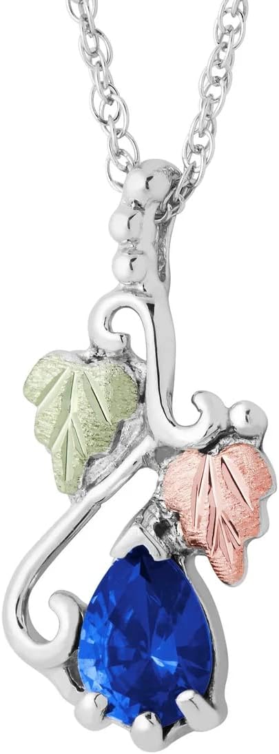 Created Blue Sapphire Pear September Birthstone Pendant Necklace, Sterling Silver, 12k Green and Rose Gold Black Hills Gold Motif, 18"