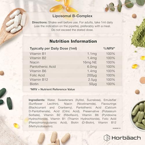 Liposomal Vitamin B Complex Liquid Drops | 60 mL | Fast Absorption | with All 8 B Vitamins (B1, B2, Niacin, Pantothenic Acid, B6, Folic Acid, B12 Methylcobalamin & Biotin) | Vegan | by Horbaach - Image 2