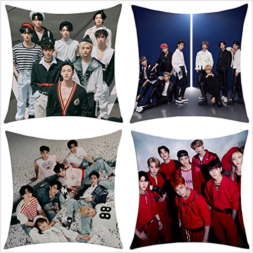 4 Pcs Stray Kids Short Plush Pillow Cover 18 x18 Inch Square Pillow Cover for Bedroom Sofa Car Use