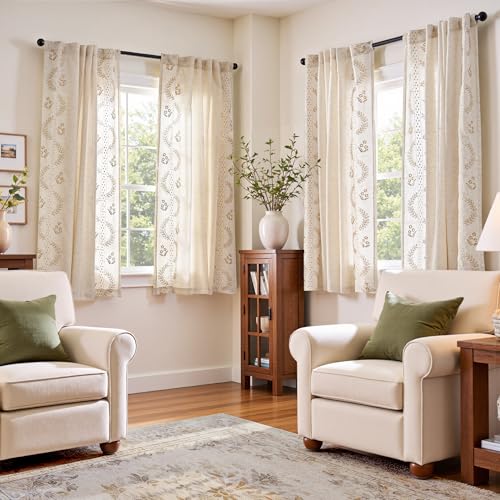 Image of jinchan Floral Lined Linen Curtains 63 Inch Farmhouse Back Tab 2 Panels