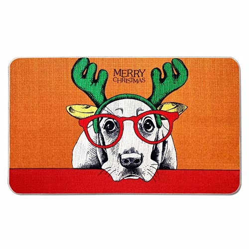 SJJCHU Christmas Cute Puppy Dog Door Mat 18 x 30 Inch,Winter Holiday Indoor Outdoor Home Garden Non-Skid Floor Mat,Christmas Rubber Door Rug