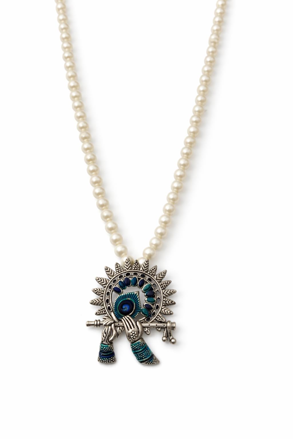 Lord Krishna Gold-Plated Flute Pendant Pearl Mala, Traditional Wedding Baraat Milni Garland (6, SILVER)-image-19
