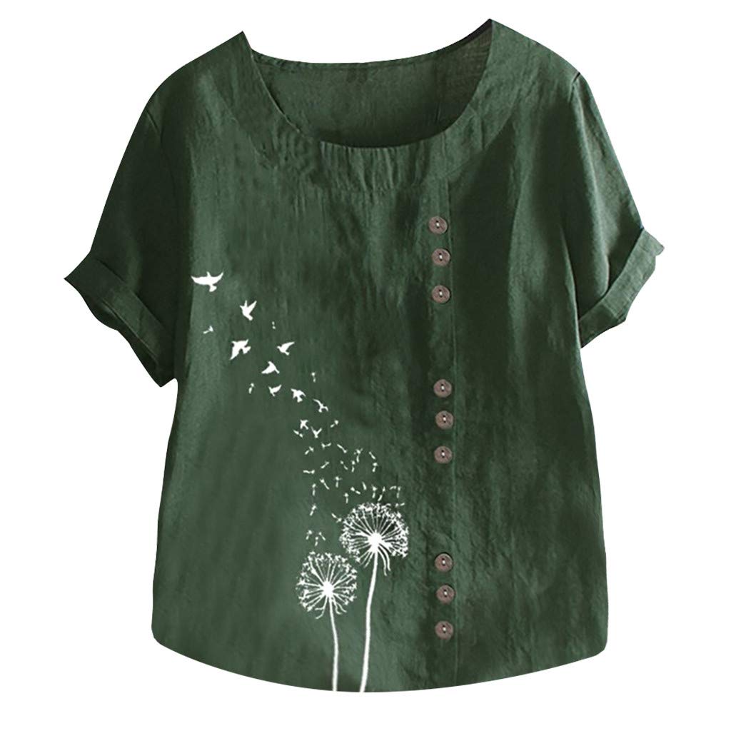 ADMAY Blusa elegante para mujer, cuello de pico, camisas de talla grande, manga corta, algodón, lino, cuello redondo, camiseta de cuello redondo, camiseta informal, suelta