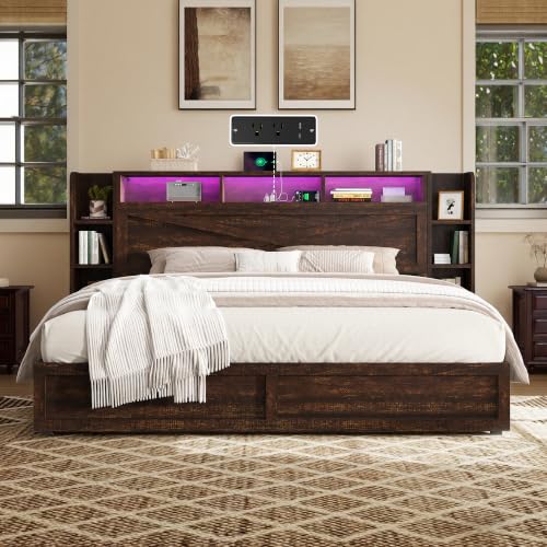 Image of AMERLIFE 45'' Farmhouse Queen Bed Frame with Headboard & Storage, Walnut