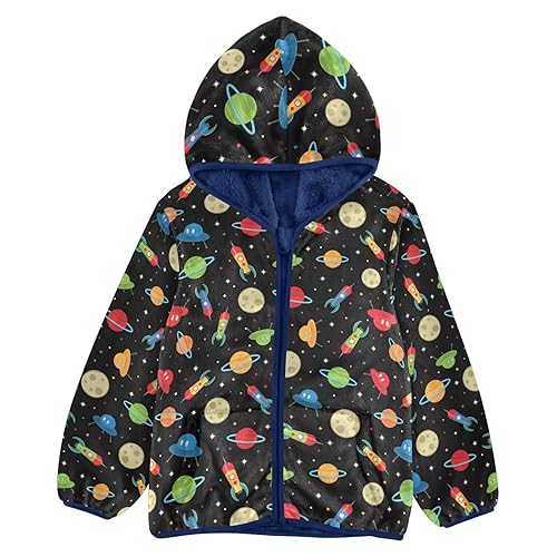 Cartoon Space Planets Boys Fleece Hoody Jacket Zip Up Coat Warm Fall Winter Plush Jacket Long Sleeve Outerwear