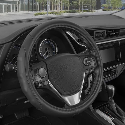 Motor Trend GripDrive Faux Black Leather Steering Wheel Cover for Car Truck Van SUV, Small 14 inch Size, Solid Black Stitched Car Steering Wheel Cover Vehicle & Auto Accessories