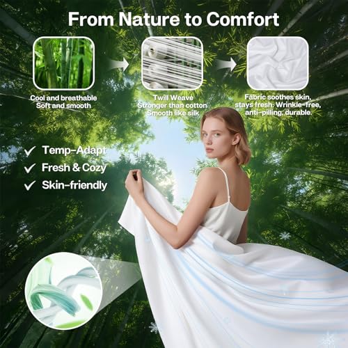 MR&HM Twin Sheets Set, 3-Piece Cooling Sheets, Rayon Derived from Bamboo & Polyester Blend, Soft & Silky, 15" Deep Pockets with Elastic Straps, Hotel Luxury for Hot Sleepers, White