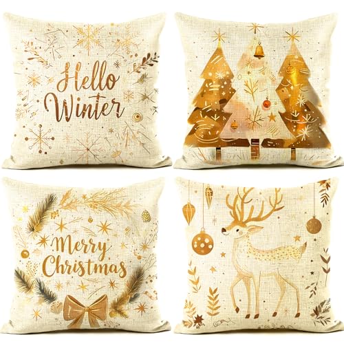 BUOAZR 4er Set Weihnachten Kissenbezüge, Leinen Dekorative...