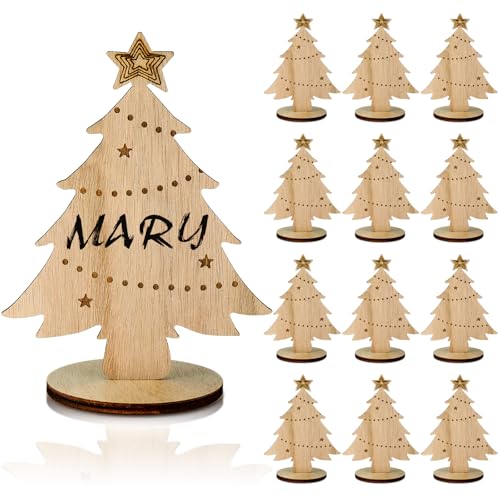 Cholemy 12 Pieces Wooden Christmas Name Place Card Holders for Table Setting Freestanding Holiday Name Cards Xmas Dinner Table Card Holders Decorations Party Supplies(Christmas Tree)