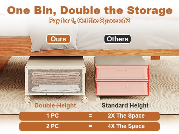 Image of 2 Pack Under the Bed Storage Containers,10 inch Height Under Bed Shoe Storage,31inch Long Underbed Storage with Wheels,Large Rolling under bed Clothes Storage Drawers with Lid for Dorm Tall ,Ivory