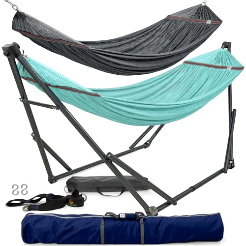 Image of Tranquillo Combo x2 Hammocks with Stand for Outside & Tree Straps, Heavy Duty Hammock with Stand 600lbs for Indoor Outdoor Patio Backyard, x2 Hammocks for 2 Person (Combo - Sky, Medium)
