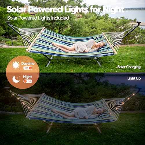 Image of SUNCREAT Hammocks Stand Alone Hammock with Solar Powered Lights, Portable Standing Hammock, Green
