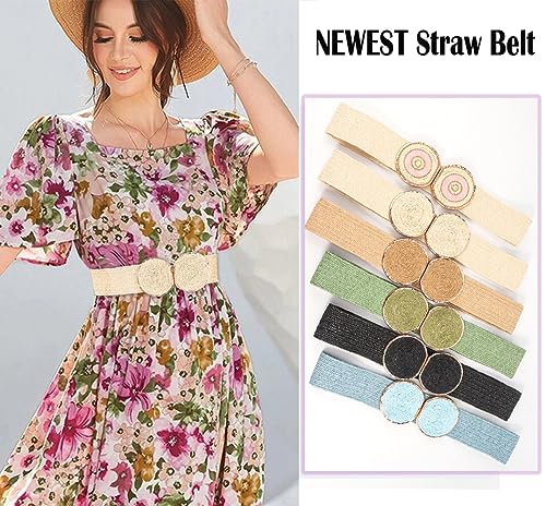 ALAIX Straw Woven Elastic Belt for Women Wide Stretch Waistband for Dress Boho Summer Raffia Belt Dress Belts2