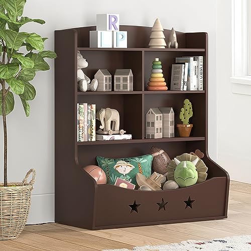 Image of Curipeer Kids Bookshelf, Three-and-a-Half Tier Wooden Bookcase, Bookshelf for Playing Room, Nursery, Bedroom, Toy Storage Cabinet with 5 Cube Units, Star Pattern Kids' Toy Storage Organizer, Brown