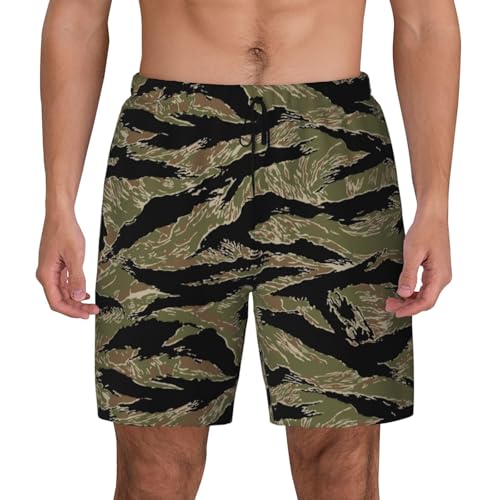 Tiger Stripe Camo Print Men'S Bwim Trunks Beach Shorts with Compression Liner, Anti-Chafe, Quick Dry