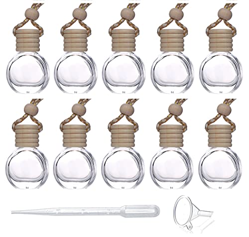 USRommaner 10 Pcs 8ml Hanging Essential Oil Diffuser Empty Clear Glass Oblate Car Air Freshener Perfume Aromatherapy Pendant Bottle Vials With Wooden Caps & Hanging String-FREE 1 Funnel&Dropper