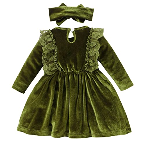 Vintage Princess Toddler Baby Flower Girls Long Sleeve Velvet Ruffle Tutu Lace Dress Christmas Wedding Holiday Birthday Party Dresses For Kids Evening Gown Green & Headband 2-3 Years #TOP1
