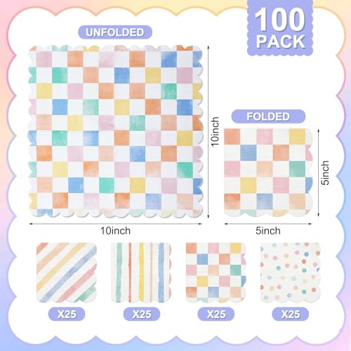 Saypacck LIE-SAYPACCK-0463 100 Pcs Colorful Paper Napkins, Colorful Pattern Disposable Napkins Rainbow Gingham Napkins Striped Plaid Dots Party Supplies thumb #1