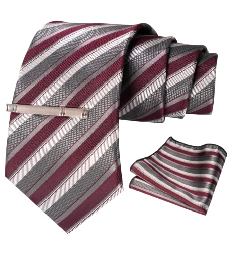 Image of RBOCOTT Silk Stripe Plaid Tie and Pocket Square with Tie Clip Sets for Men