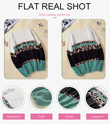 Dokotoo Womens Pullover Long Sleeve V Neck Knitted Sweater Color Block Leopard Print Sweaters For Women Oversized Loose Jumpers Tops Green Xx-Large #TOP2