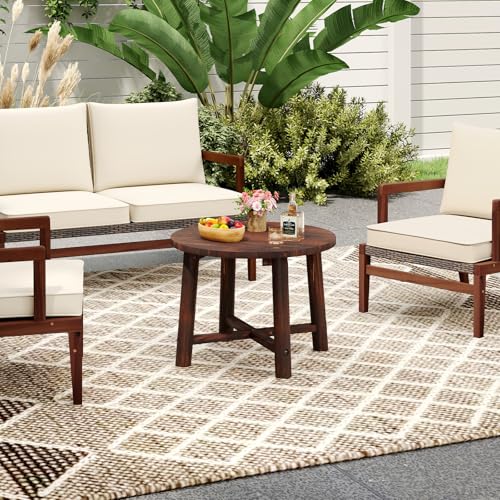 Image of Tangkula Outdoor Side Table, Patio End Table with Solid Wood Structure, Small Round Coffee Table for Garden, Deck, Poolside & Indoors (2, Brown)