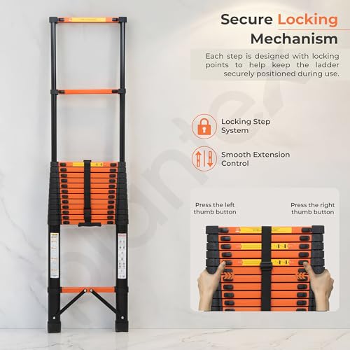 Image of Plantex 5.9m (19.35 ft.) Telescopic Ladder /Carbon Steel 15-Steps Portable & Compact Ladder /Foldable Multipurpose Collapsible Ladder for Home & Outdoor Use - (Orange)