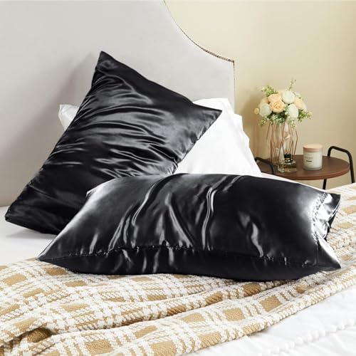 Image of Satin Pillow Cover with Silk Bonnet & 3 Premium Scrunchies - Hair & Skin Care Set for Women - Anti-Frizz Sleeping Combo - Gift Pack (Black)