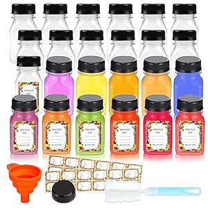 24PCS 4oz Plastic Juice Bottles for Juicing,with Leak-Proof Caps Lids Empty Reusable Wellness Shot Bottles with 24pcs Label,Funnel,Brush,Ginger Shot Bottles with Caps,Juice Milk Beverages Shot Bottles