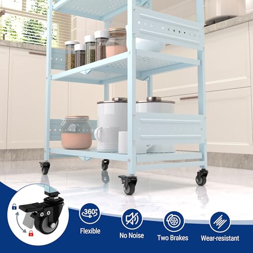 Image of WORKPRO 5-Tier Folding Shelf, No-Assembly Metal Storage Rack with Wheels, 750 lbs Capacity (with Leveling Feet), Collapsible Shelving Unit for Kitchen, Pantry, Closet & Craft Shows - Blue