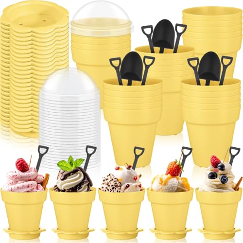 Honeydak 25 Pack Flowerpot Dessert Cup Plastic Cake Cups with Lid Shovel Spoon Mini Flower Pot Dessert Cups Ice Cream Yogurt Cupcake Holder Containers for Birthday Party Supplies DIY Baking (Yellow) by Honeydak - Used condition - US$14.97