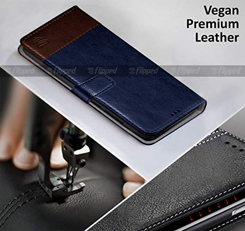 Image of FLIPPED Vegan Leather Flip Case Back Cover for iQOO 9 SE 5G (Flexible, Shock Proof | Hand Stitched Leather Finish | Card Pockets Wallet & Stand | Blue with Brown)