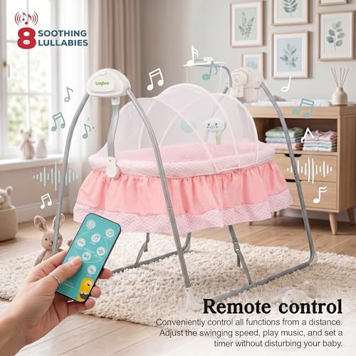 Image of BAYBEE Wanda Electric Swing Cradle for Babies | Automatic Cradle for New Born Baby with 6 Speed Control, Mosquito Net, Toy Bar & Music | Jhula for Kids | Baby jhula for 0 to 2 Years (Pink)
