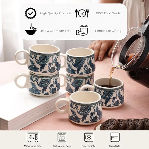 Image of miah decor Ceramic Tea Cups Set of 6 - Blue White | Handcrafted Stoneware Floral Printed Finish | Microwave & Dishwasher Safe Coffee Cups & Mugs for Home, Office & Gifting - Every Occasion | 180ml