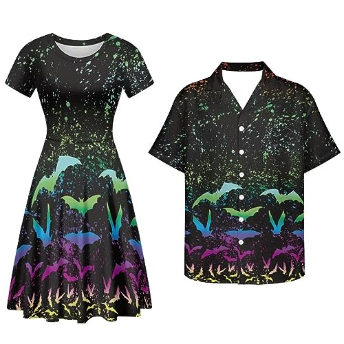 Halloween Couple Matching Outfit Personalized Fashion Women Crew Neck Dress and Men Button Down Shirt