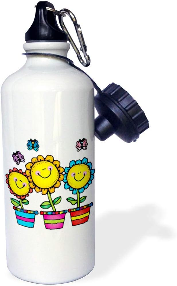 3dRose "Three very happy cartoon sunflowers and butterflies" Sports Water Bottle, 21 oz, White