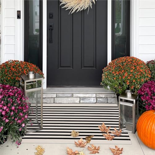 Collive Black And White Striped Door Mat 24"X35",Collive Cotton Hand Woven Welcome Entryway Rug,Washable Small Fall Porch Decor, Welcome Door Mat For Indoor Outdoor/Kitchen/Farmhouse thumb #1