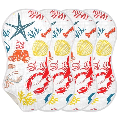 4 Pack Baby Burp Cloths, Soft Absorbent Burping Cloths for Babies, Cotton Milk Spit Up Rags, Large Size for Newborns, Baby Boys and Girls (Sketch Lobster Pattern)
