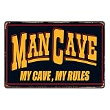 Man Cave Tin Sign Hanging Wall Decorative, Funny Quotes My Cave My Rules Metal Room Signs (12x8 Inch