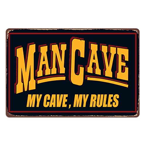 Man Cave Tin Sign Hanging Wall Decorative, Funny Quotes My Cave My Rules Metal Room Signs (12X8 Inch) By Li Tegee (Man Cave) #TOP1