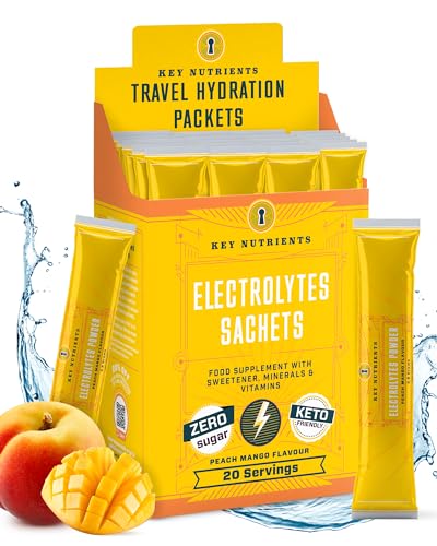 Key Nutrients Electrolytes Sachets - Multivitamin & Minerals Electrolytes Powder 20 Servings of Tropical Peach Mango - Hydration Sachets - Supercharged Rehydration Sachets with 16 Vitamins & Minerals