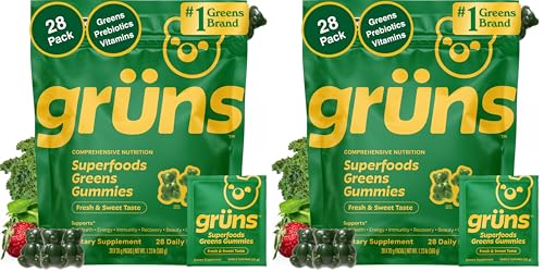 Image of Gruns Adult Super Greens Multivitamin Gummies, Superfood Gummy Vitamins for Women and Men with Spirulina, Chlorella, Adaptogens & Prebiotic Fiber for Digestive Health (28 Count) (Pack of 2)
