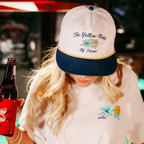 Image of WHISKEY BENT HAT CO. Yellow Rose Adjustable Snapback Hat UPF 50+, Water Resistant (White /Navy)