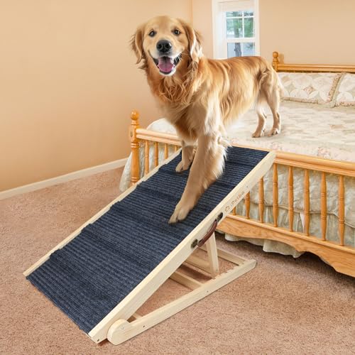 Extra Wide Dog Ramp for Bed Couch Wooden Pet Ramp for Large Dogs Up to 200 lbs, Adjustable Height 24”, 43.3" Long Black Up to 200 lbs