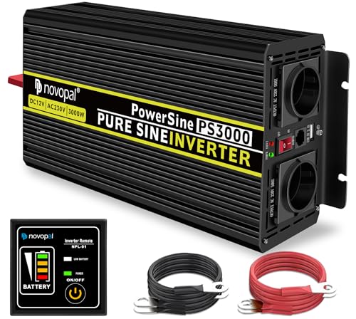 NOVOPAL 3000W Convertisseur Pur Sinus 12V 220V 230V Onduleur Transformateur,2 Prises EU AC,1USB,5M Télécommande,Convient pour Camion, Camping, Voyage,Voitures,Puissance de Pointe 6000W